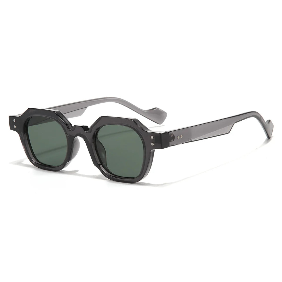 Model wearing chic unisex octagon sunglasses, demonstrating their fashionable appeal and sun protection.