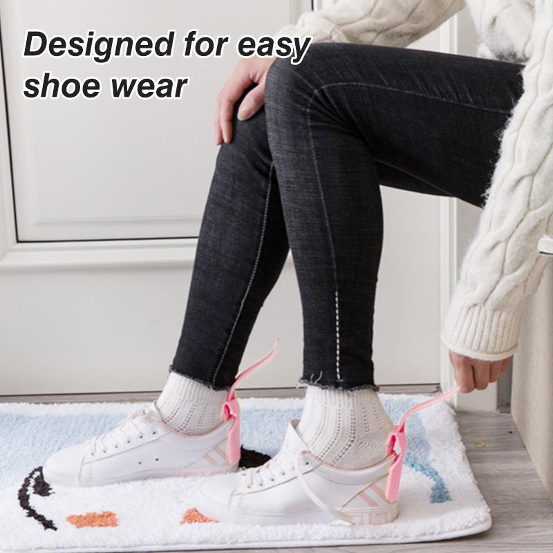 Unisex shoe helper demonstrating its design for quick and easy shoe application, mobility support
