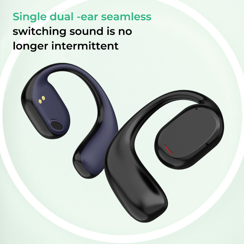 Close-up of open ear Bluetooth headphones showcasing the ear hook design and stereo sound
