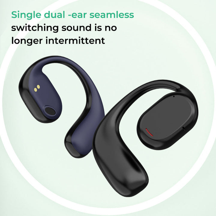 Close-up of open ear Bluetooth headphones showcasing the ear hook design and stereo sound