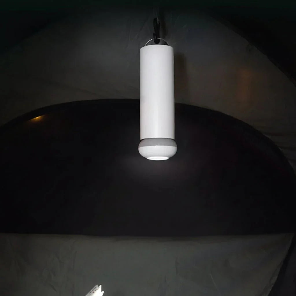 Rechargeable travel lamp for outdoor use. Unisex design, features a strong magnetic base & versatile lighting.