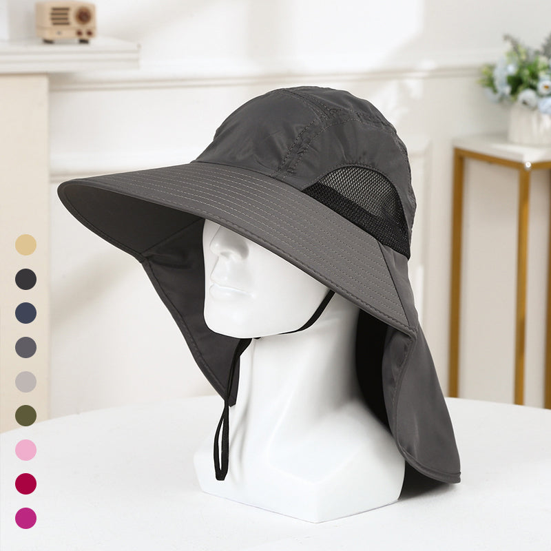 Beige outdoor sun protection hat with extended neck flap, great for travel and gardening