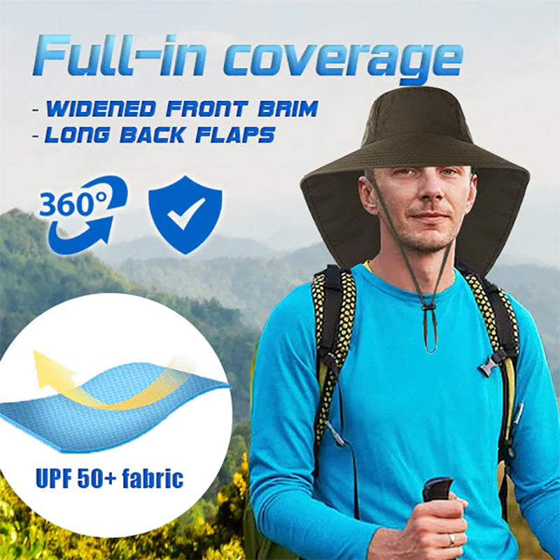 Khaki outdoor sun protection hat with full neck flap, ideal for fishing and gardening