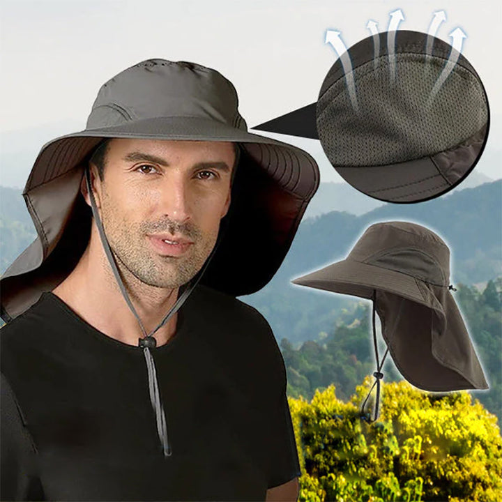 Unisex wide-brimmed fishing hat with a protective neck flap, essential for sunny days