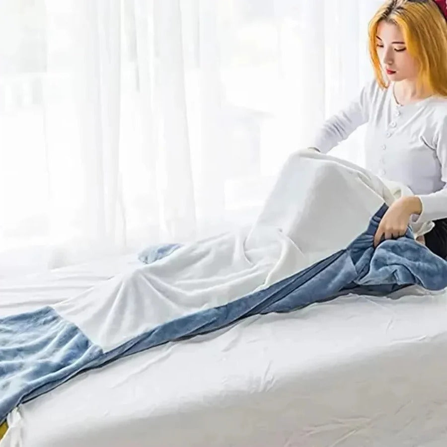 Cozy shark costume blanket hoodie. Soft, unisex loungewear, perfect for adults seeking warmth and fun.