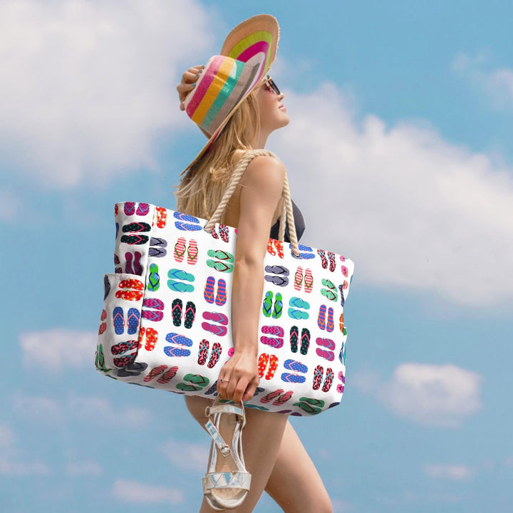 Practical oversized beach tote, perfect for towels, toys, and sunscreen.