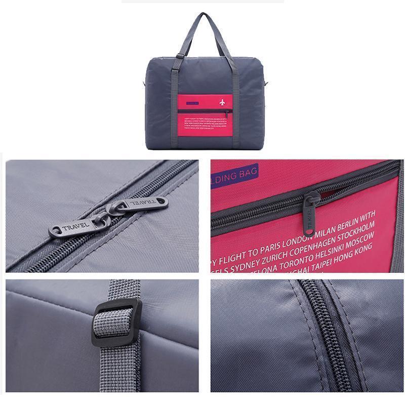 Unisex folding travel duffel bag in use, being carried comfortably by a traveler