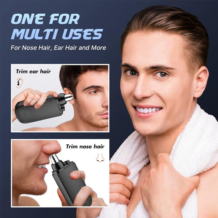 Unisex painless portable nose & ear hair trimmer, close-up, black, ergonomic design