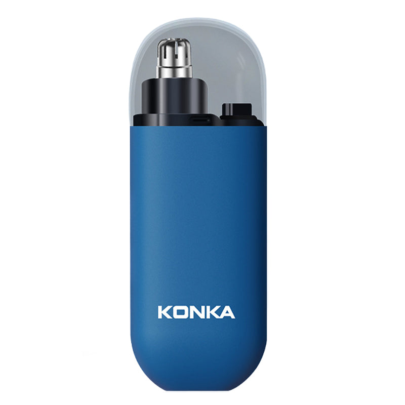 Portable personal groomer for nose & ear, silver finish, showing detail of rotating blades