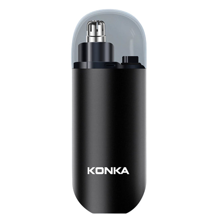 Painless electric nose hair trimmer, compact, travel-friendly, next to a grooming kit