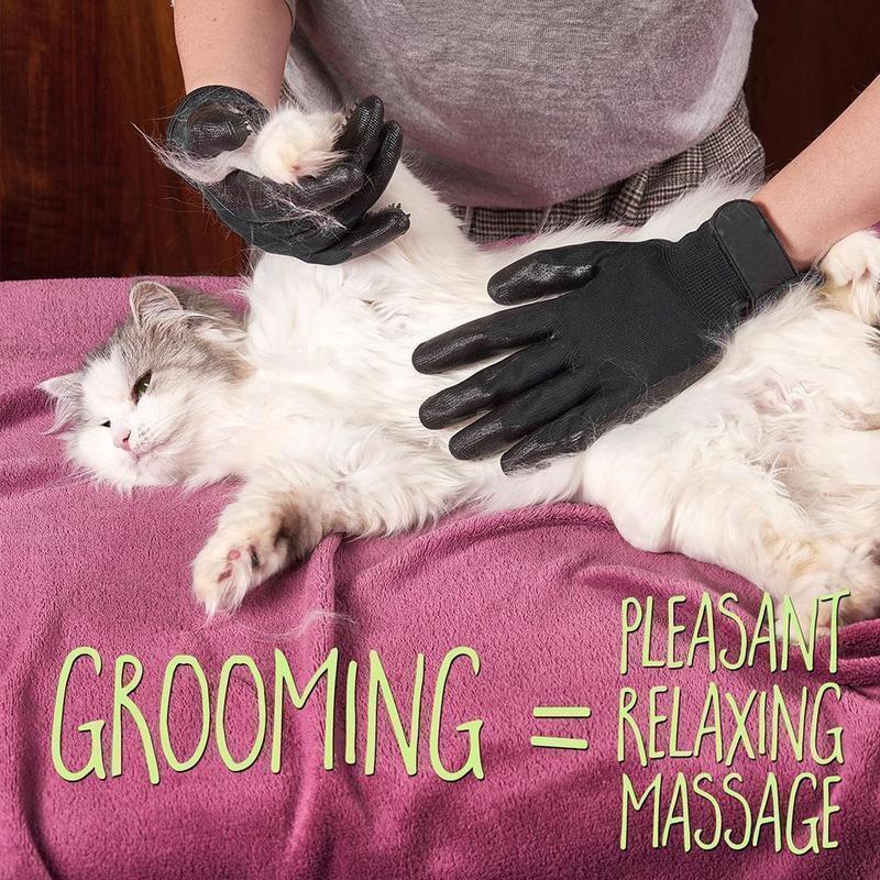Image showcasing both left and right pet grooming gloves, ready for use as a dog or cat brush.