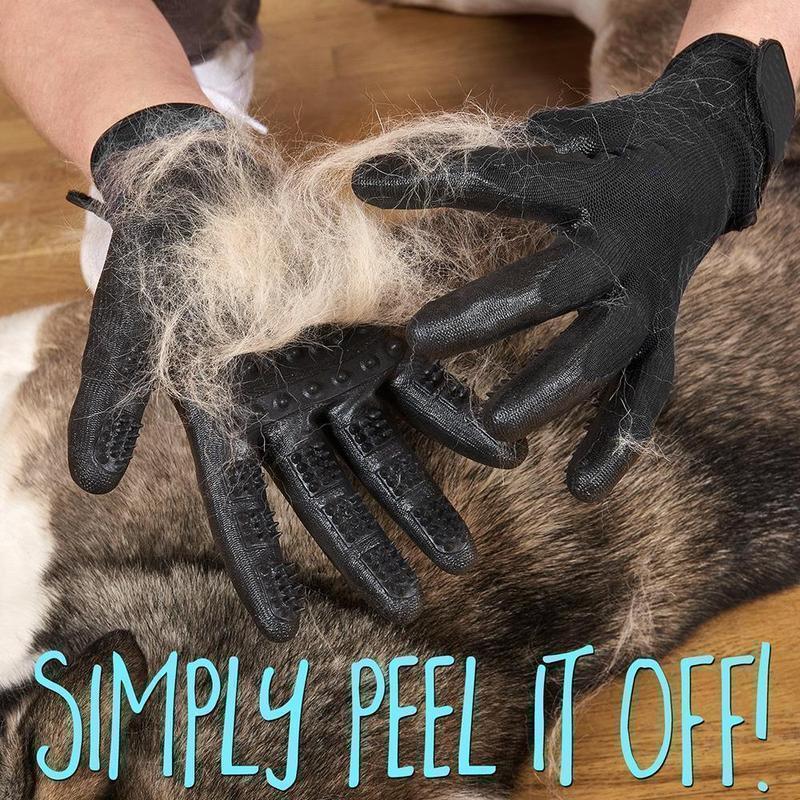 Unisex grooming gloves in action, providing a gentle massage while deshedding a pet.