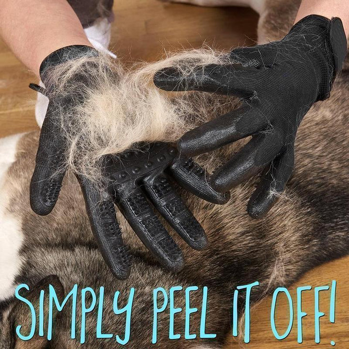Unisex grooming gloves in action, providing a gentle massage while deshedding a pet.