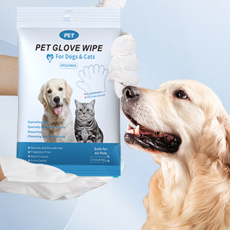 Disposable grooming glove wipes for pets, perfect for waterless dog & cat cleaning