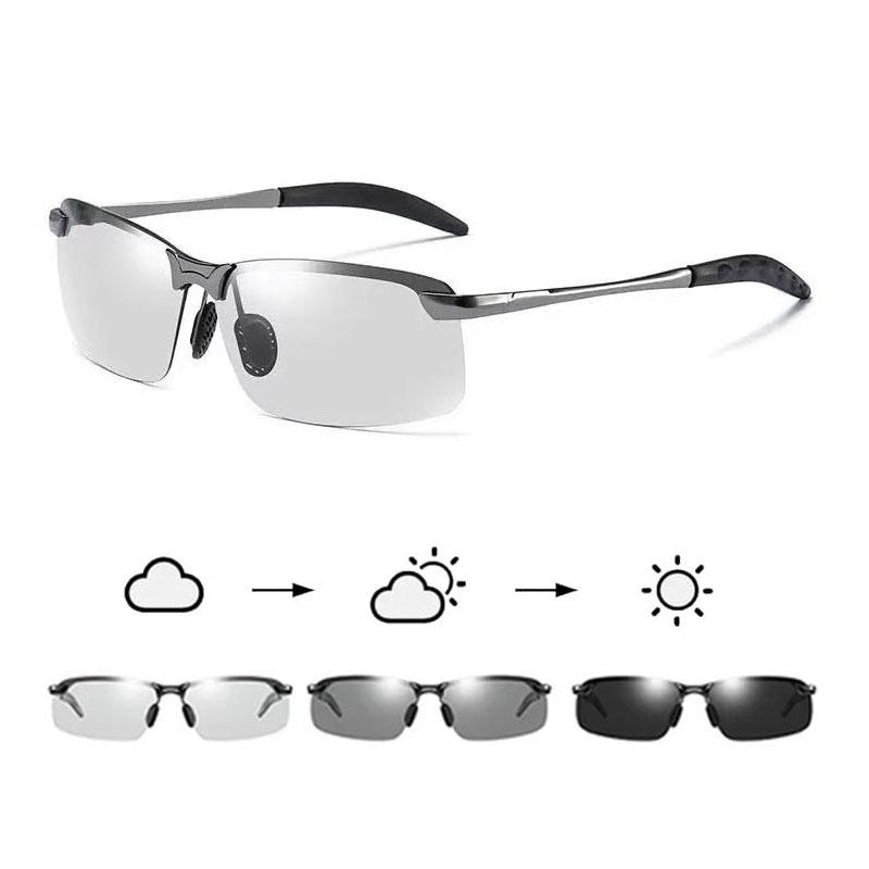Unisex photochromic polarized anti-glare sunglasses, ideal for outdoor sports & UV protection.