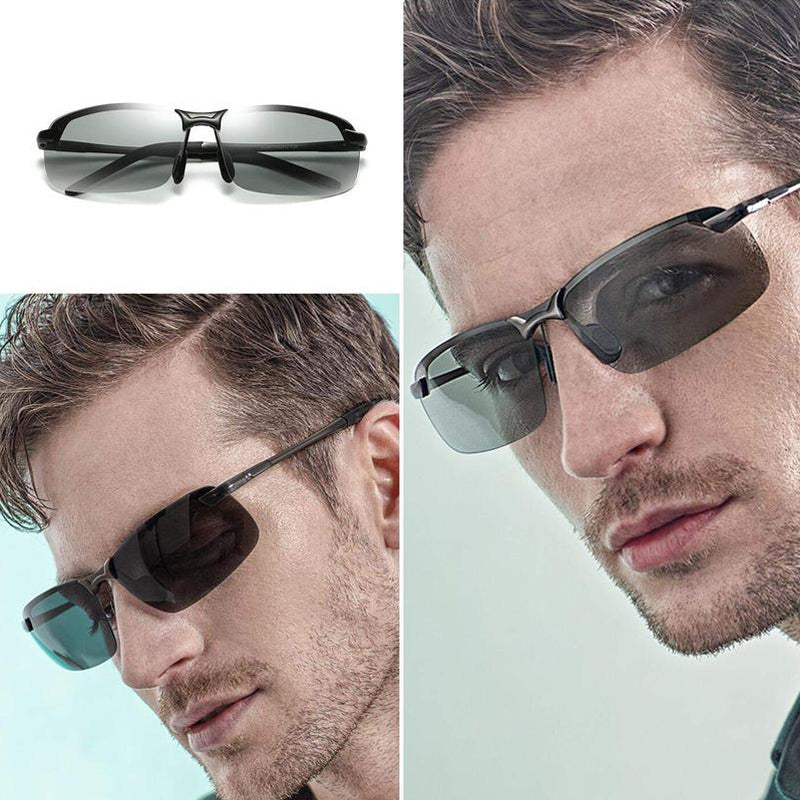 Stylish unisex photochromic sunglasses with polarized anti-glare lenses for outdoor activities.