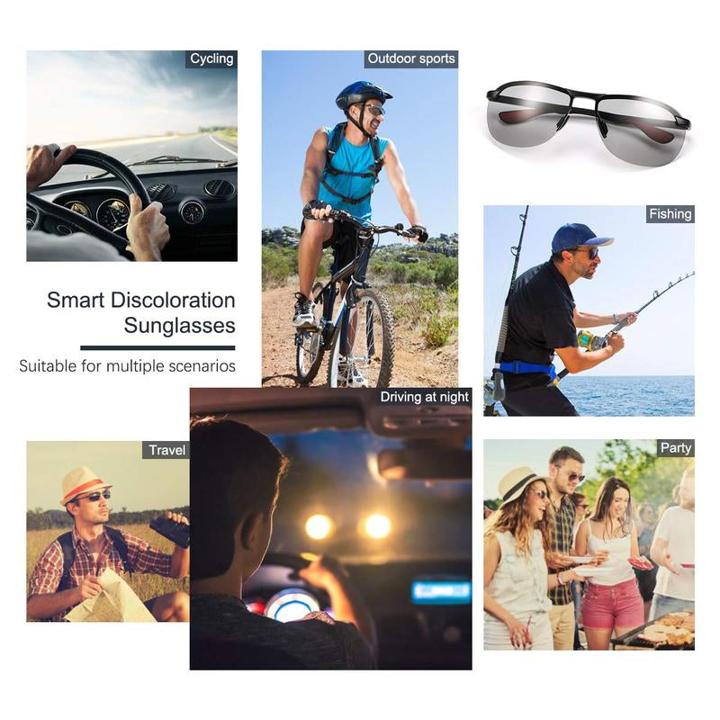 Unisex anti-glare polarized sunglasses, photochromic for changing light, great for outdoor use.