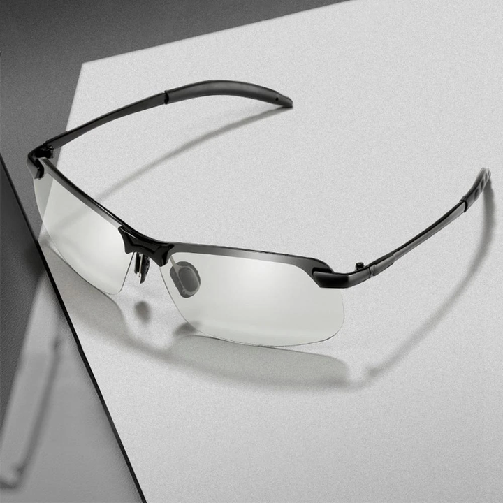 Performance unisex photochromic sunglasses with anti-glare polarized lenses, UV protection.