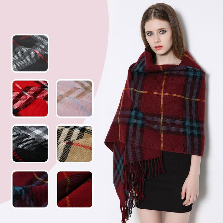 Unisex plaid wrap shawl with large pockets, cashmere feel, perfect for fall and winter comfort