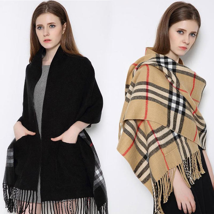 Versatile unisex plaid wrap shawl with practical pockets, an essential fall and winter fashion item