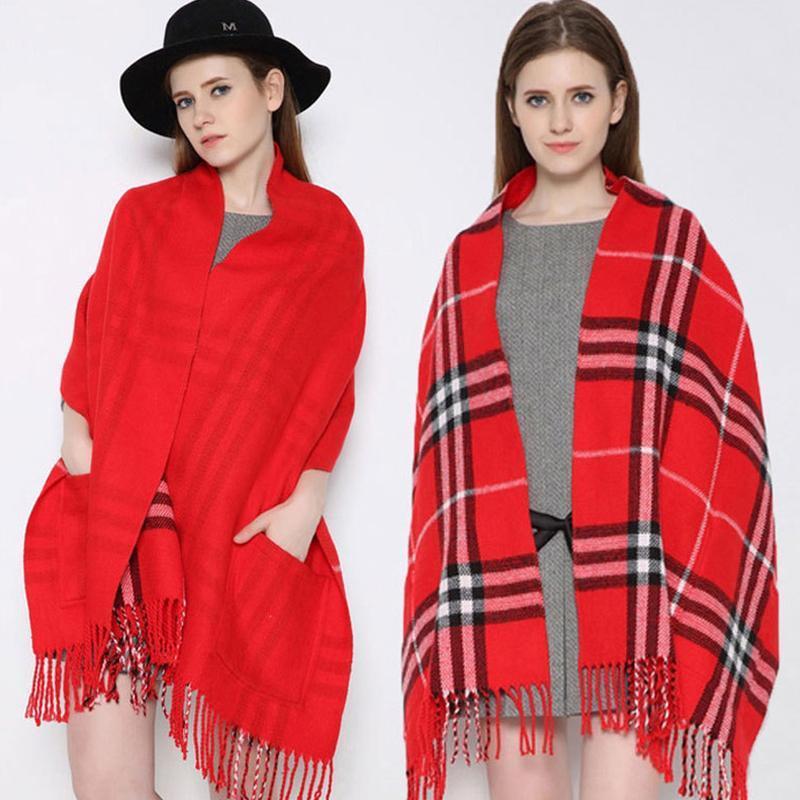 Cozy plaid wrap shawl for unisex, with practical pockets, showcasing its versatile wearability
