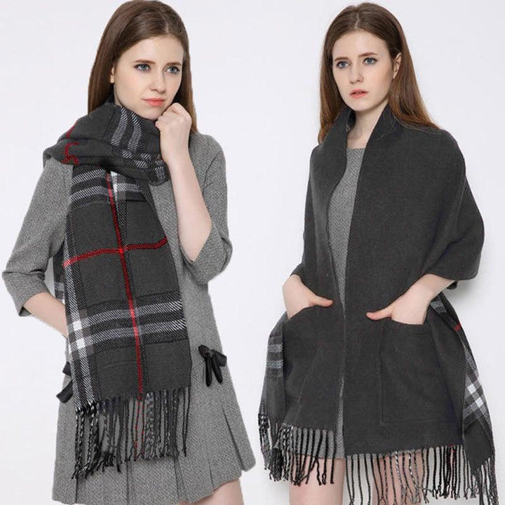 Stylishly folded unisex plaid wrap shawl with visible pockets, ready for cold weather fashion
