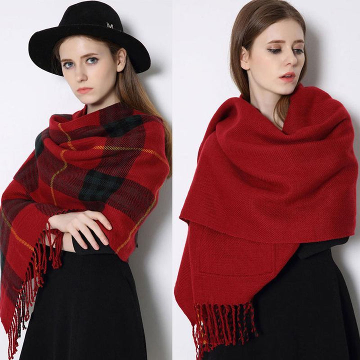 Unisex plaid wrap shawl spread out to show its full size and the convenient pocket placement