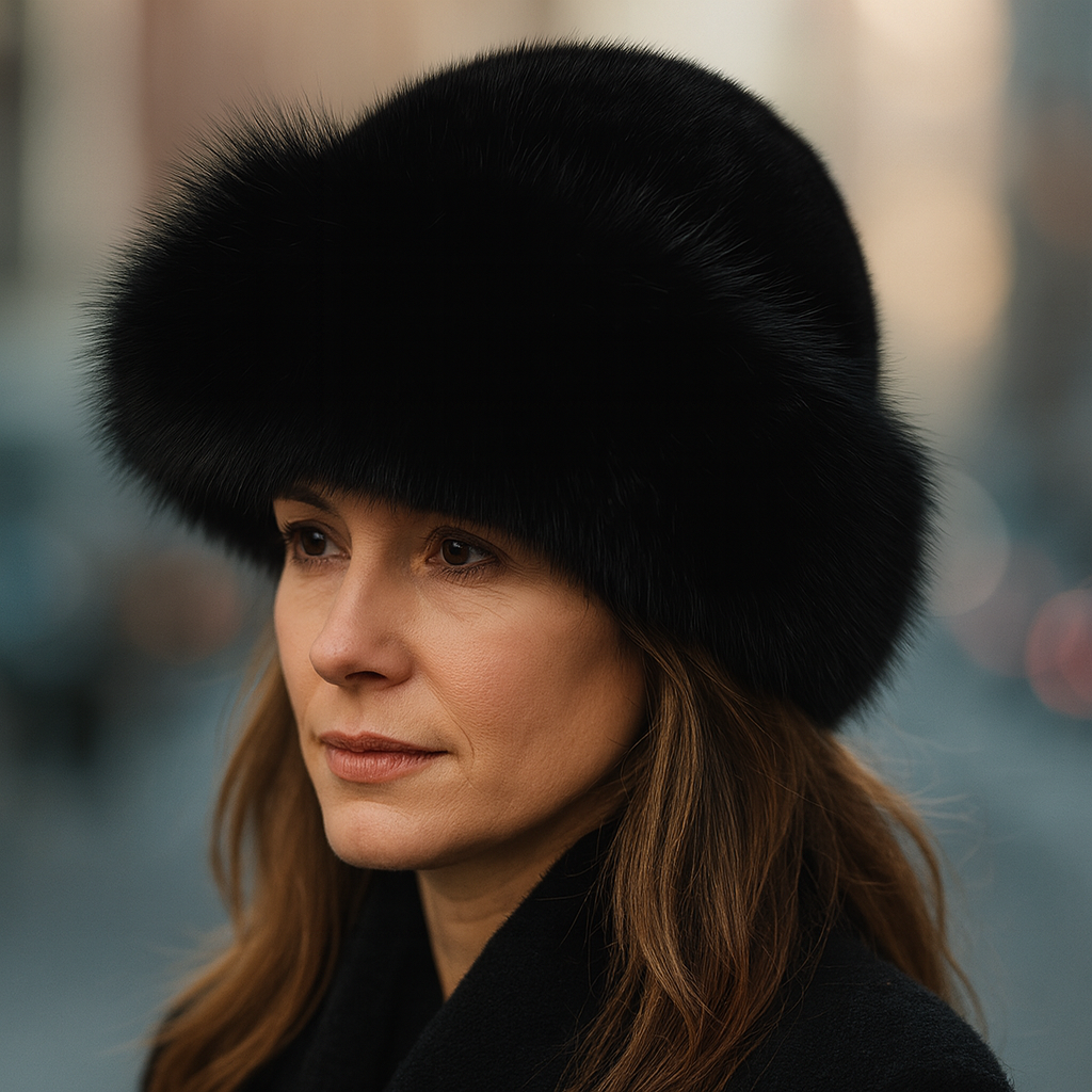 Close-up of a luxurious grey faux fur winter hat, perfect for unisex warmth and style