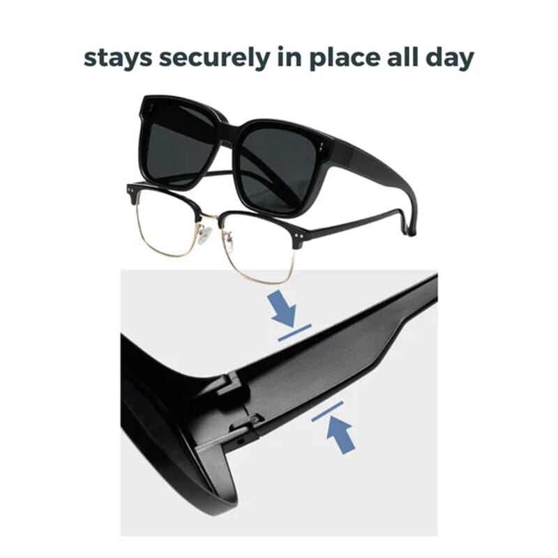 Unisex fit over sunglasses, front view, highlighting the protective polarization for clear vision