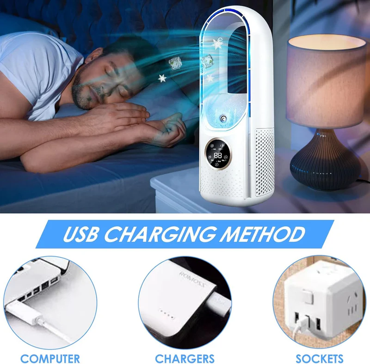 Unisex compact AC, a portable, quiet bladeless fan for personal home and office use.
