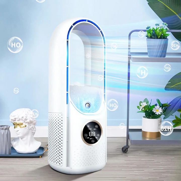 Eco-friendly mini AC, a compact bladeless fan for portable, personal cooling at home/office.
