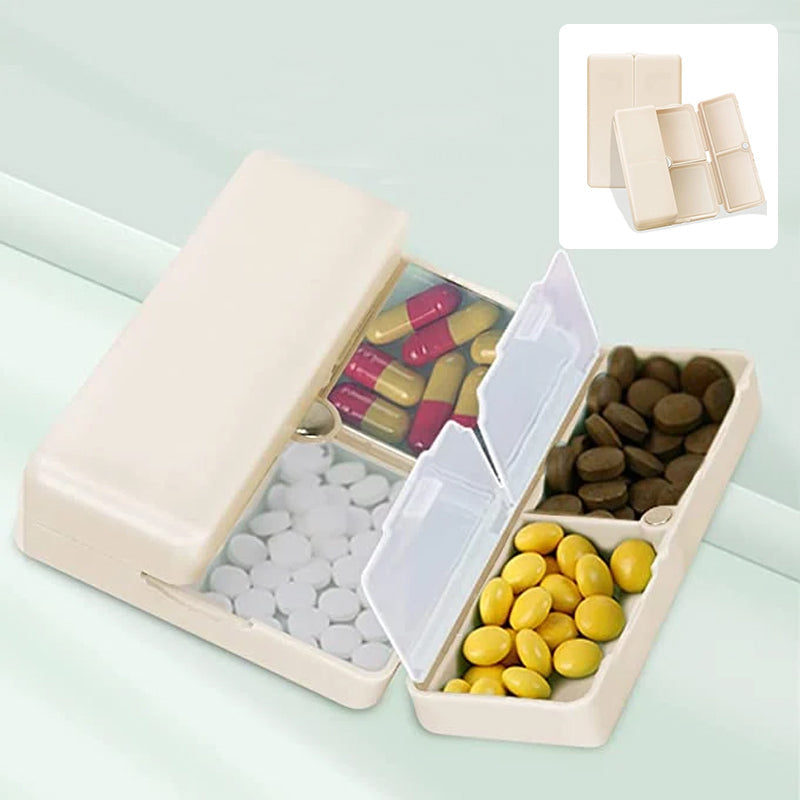 Gray portable pill dispenser showing 7 daily compartments, a practical health travel accessory
