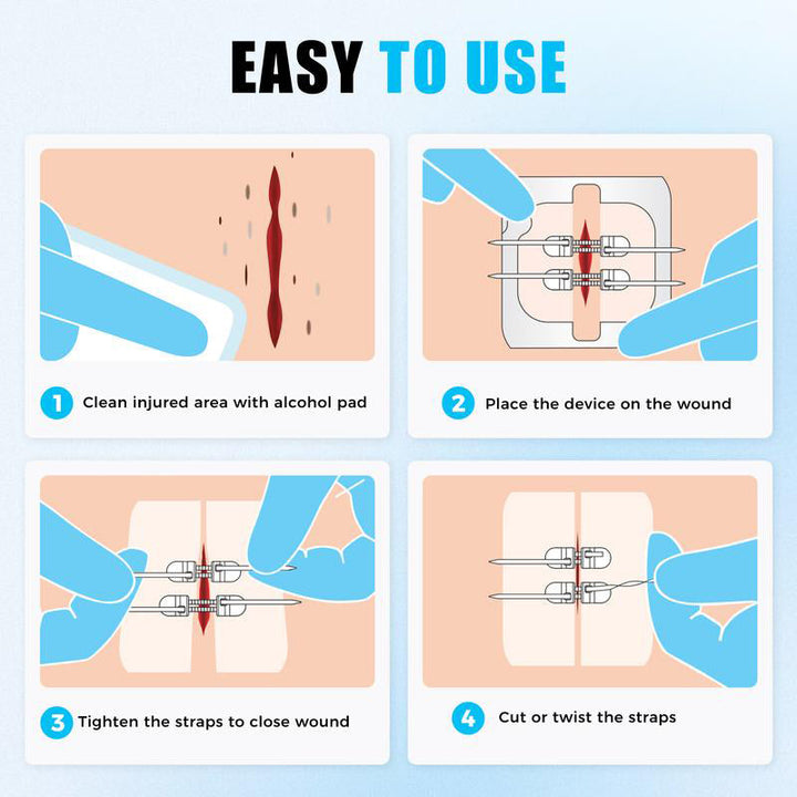 Assorted no-suture bandages within a compact travel first aid and safety kit