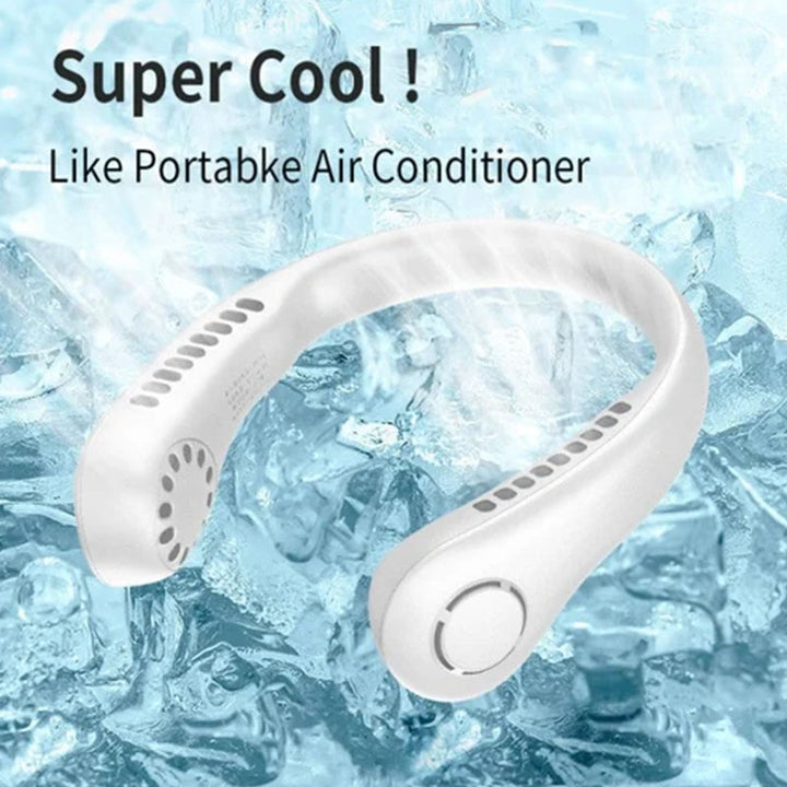 Unisex portable rechargeable neck fan in black, worn around the neck for hands-free outdoor cooling.