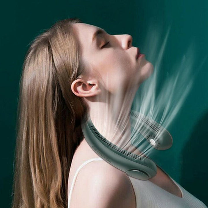 Athlete wearing a hands-free neck fan while jogging, staying cool and comfortable during exercise.