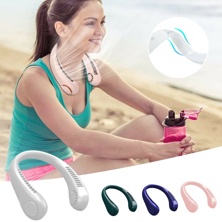 White portable neck fan, rechargeable via USB, ideal for personal cooling and summer outdoor activities.
