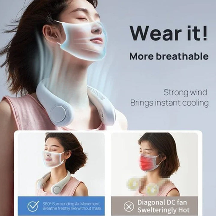Close-up of a blue hands-free neck fan, showcasing its dual fan heads, perfect for travel and sports.