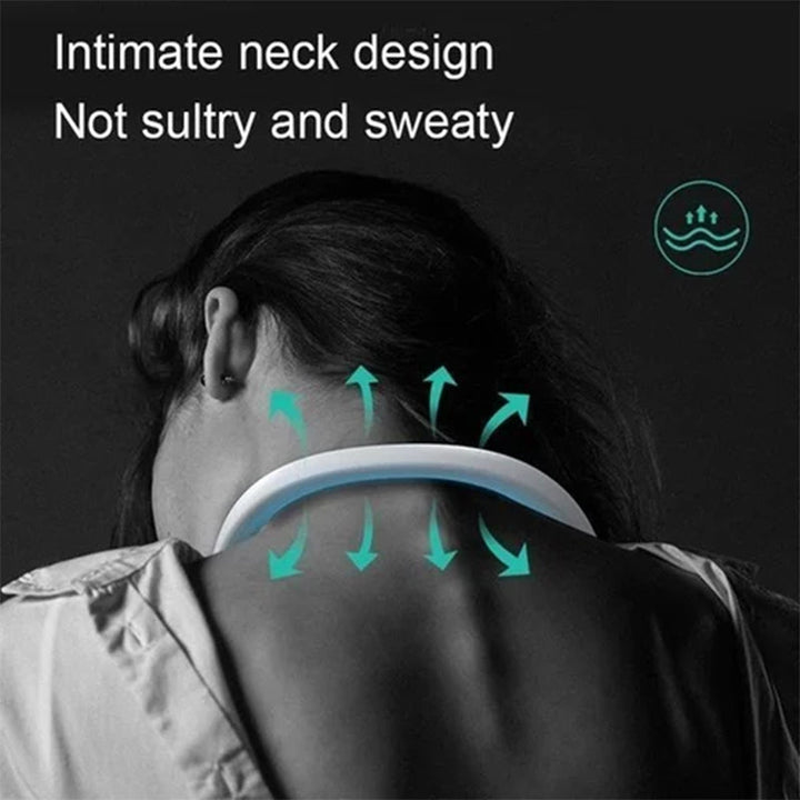 Portable neck fan with adjustable speed settings, fanned for optimal personal cooling during summer.