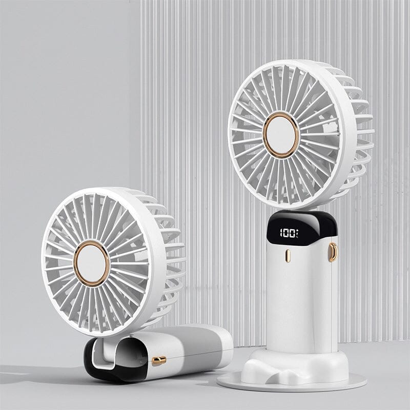 USB rechargeable fan with indicator lights, displaying battery status for convenience