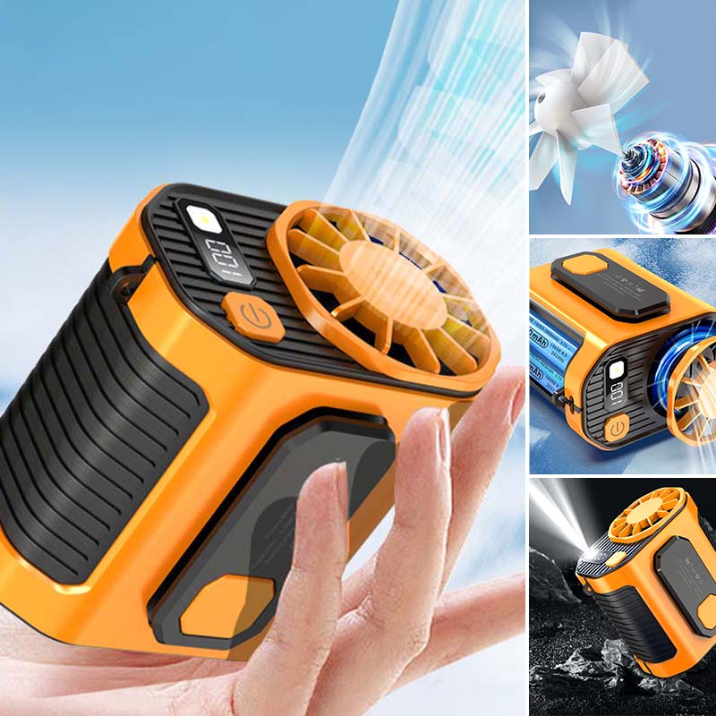 Unisex portable waist fan with power bank and flashlight for outdoor cooling.