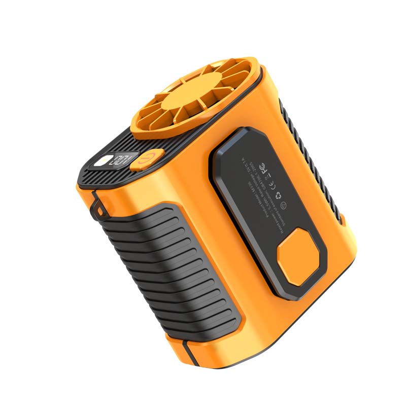 Versatile portable fan, worn on waist, acts as power bank and emergency light.