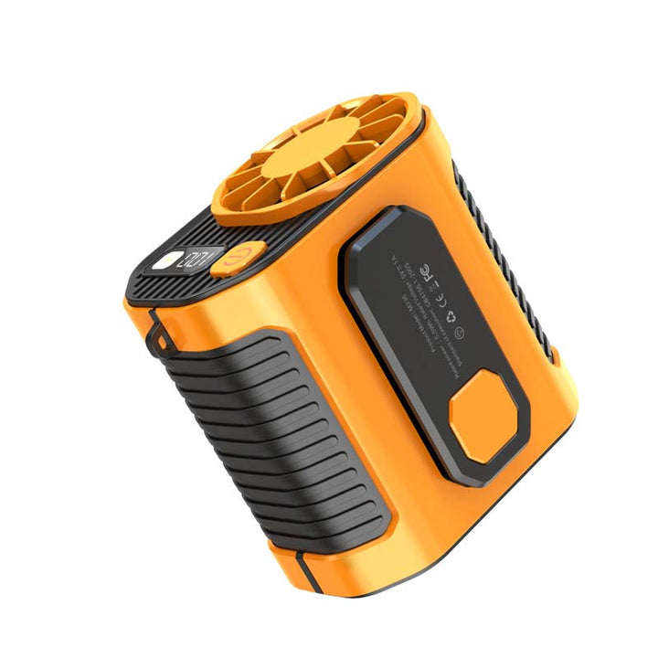 Versatile portable fan, worn on waist, acts as power bank and emergency light.