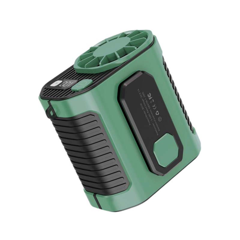 Compact personal cooler: waist-mounted fan with power bank & integrated flashlight.