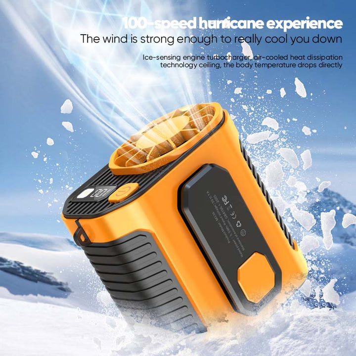Rechargeable mini waist fan cooling device with integrated power bank.