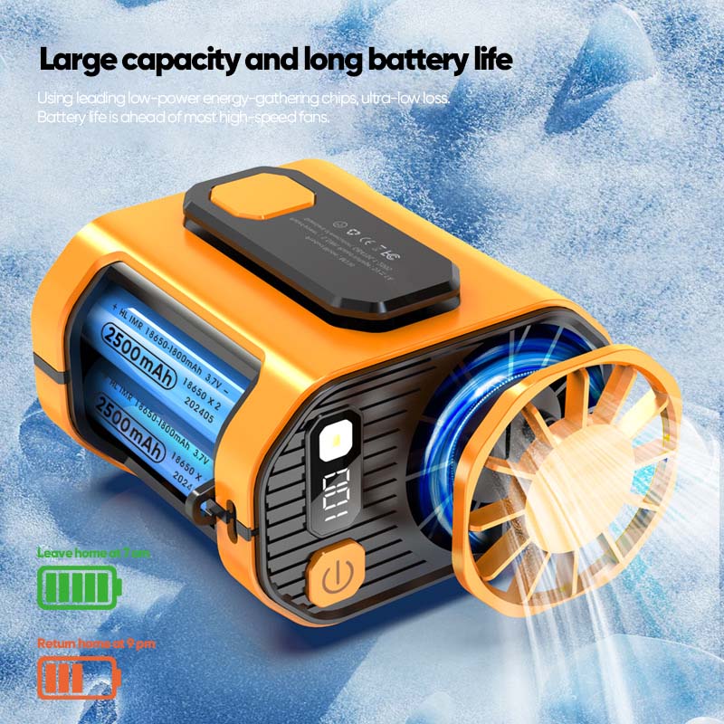 Hands-free personal cooler: unisex waist fan with flashlight for camping.