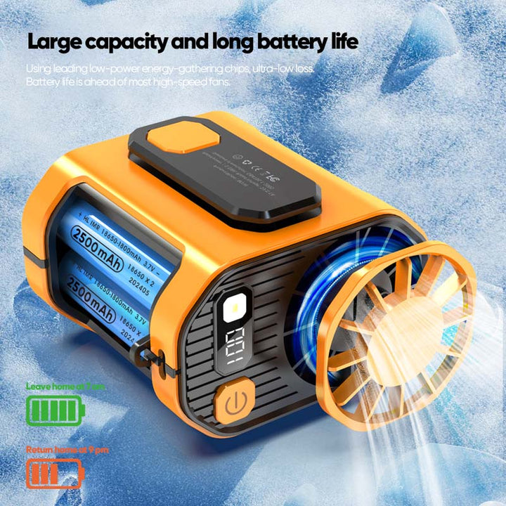 Hands-free personal cooler: unisex waist fan with flashlight for camping.
