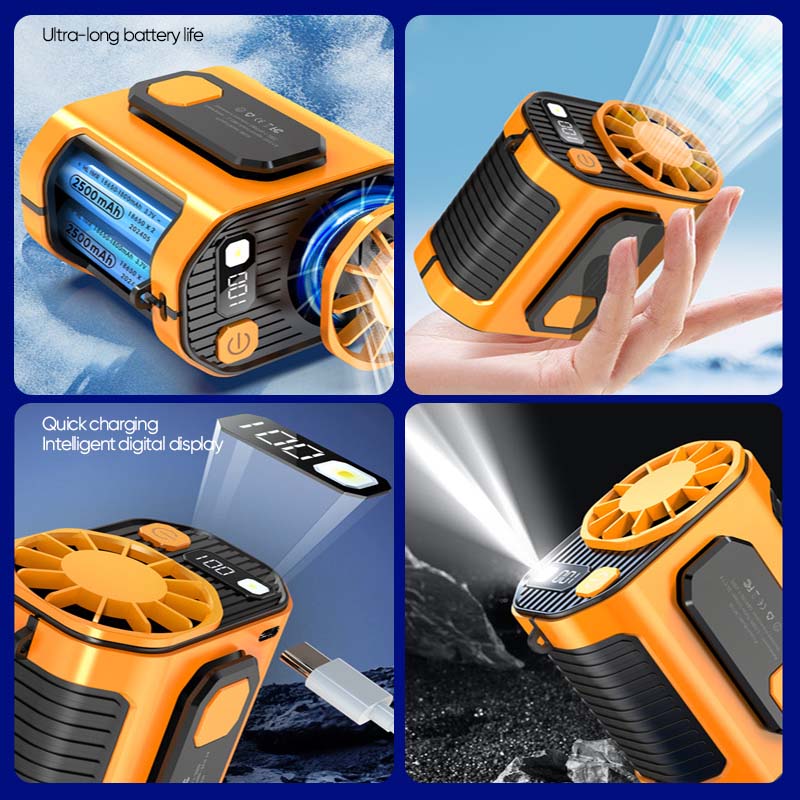 Travel-friendly waist fan, rechargeable, with emergency flashlight function.