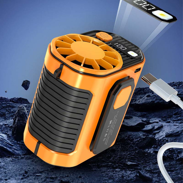Unisex personal fan, worn on waist, featuring power bank and bright flashlight.