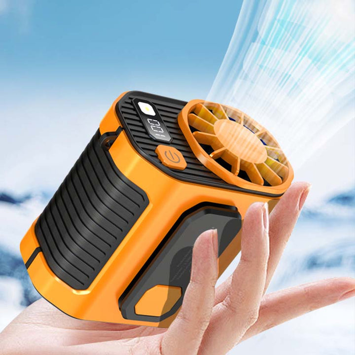 Mini portable fan for waist, ideal for outdoor activities, with power bank.