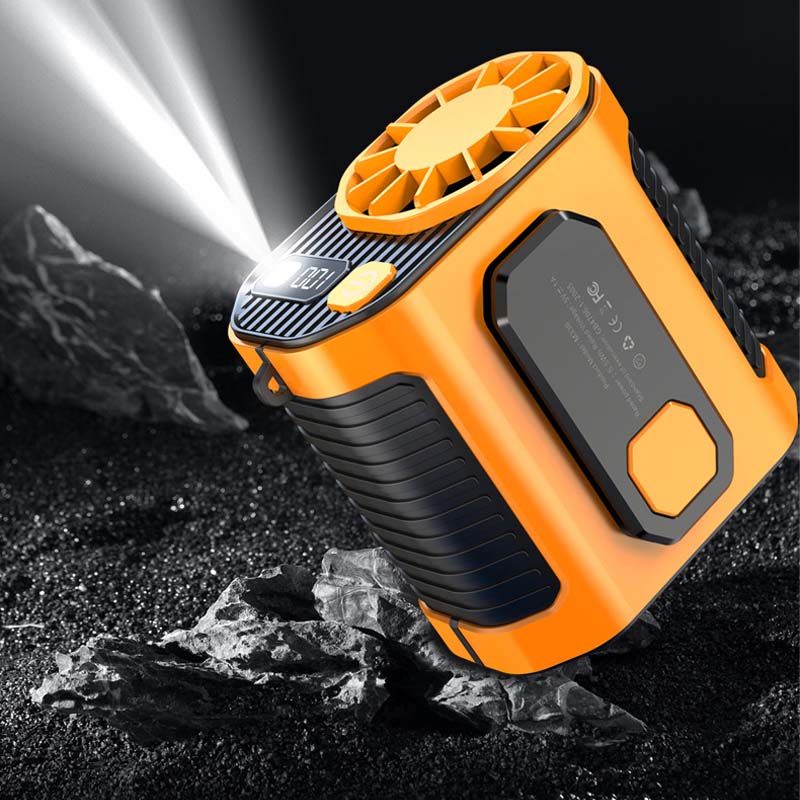 Rechargeable camping fan that clips to waist, includes power bank and light.